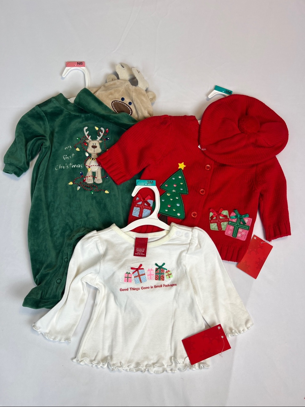 NB - 3M NWT My First Christmas 5 Piece Set Onesie, Sweater, Top and two hats